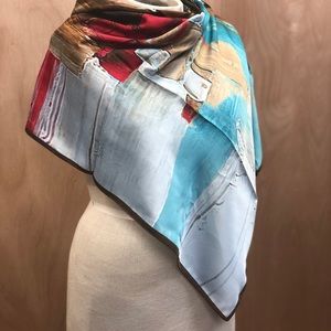 Teal brown and touch of red square scarf shawl